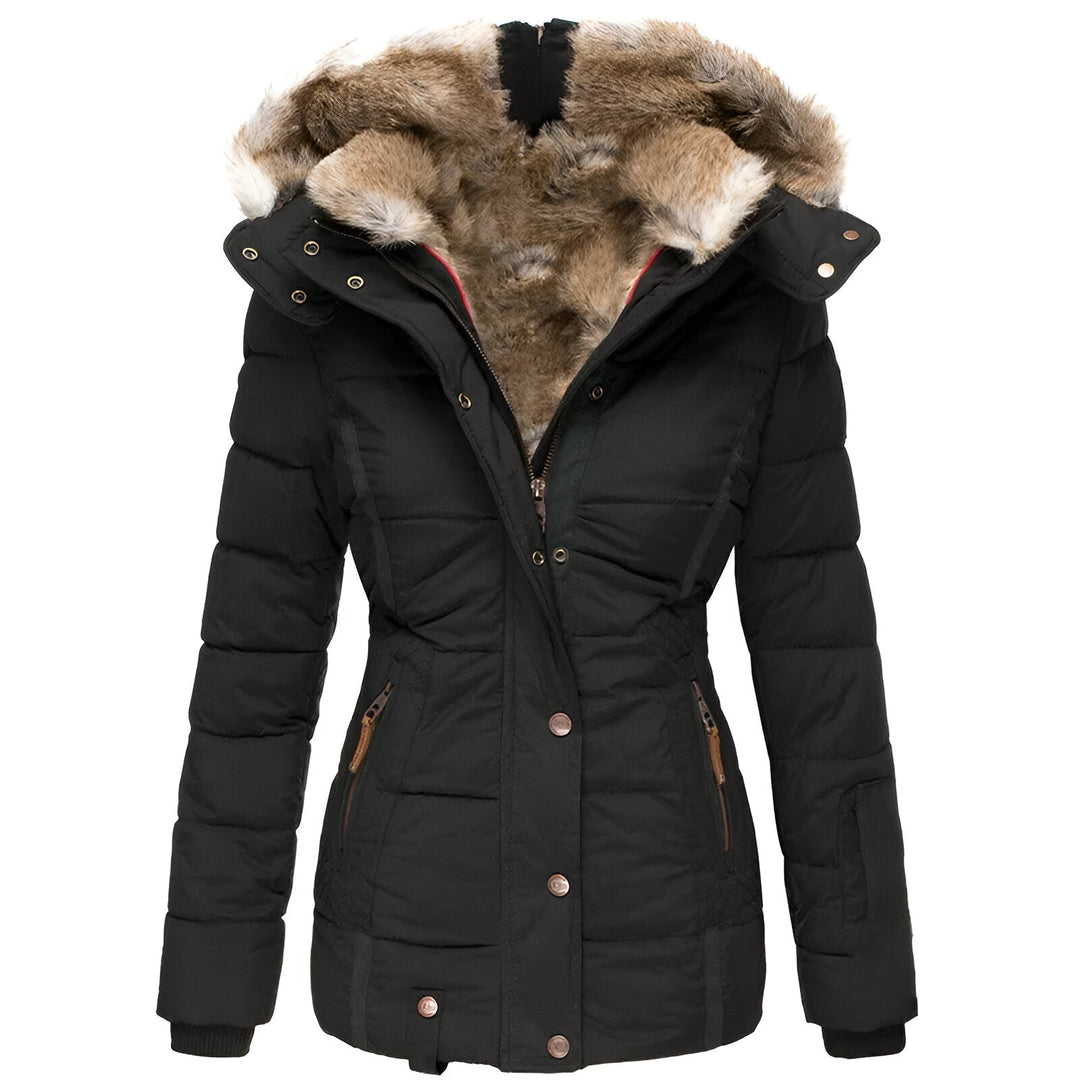 Women's Quilted Puffer Jacket Fur Trim Hooded Black - Vonnera