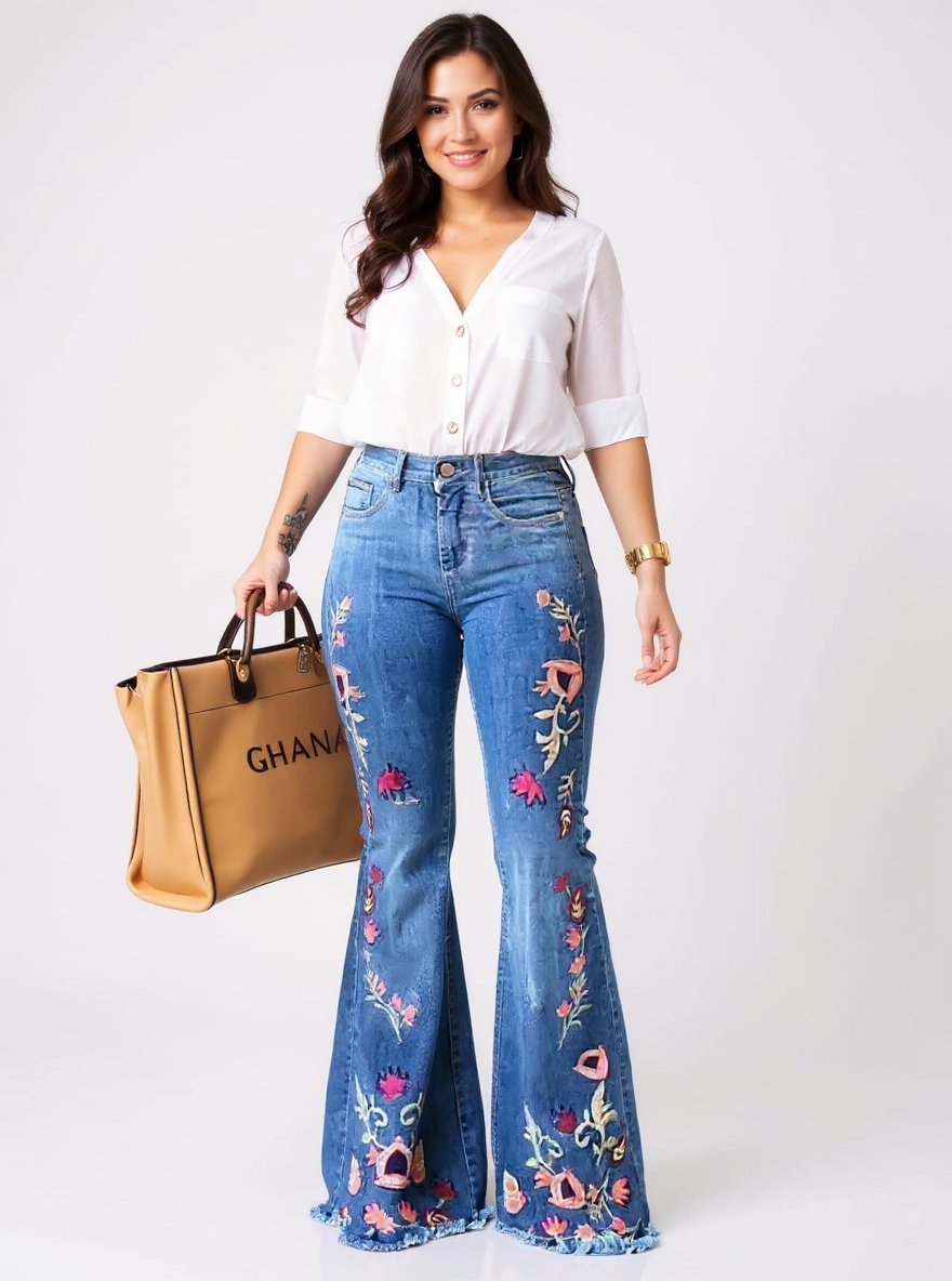 Women's Floral Print High-Waisted Jeans Slim Fit Denim Flare Pants