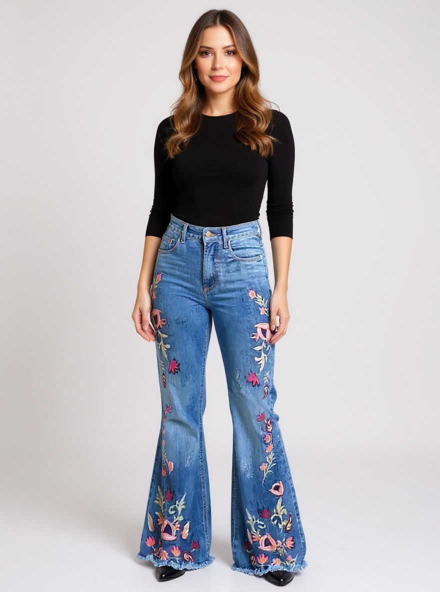Women's Floral Print High-Waisted Jeans Slim Fit Denim Flare Pants - Vonnera