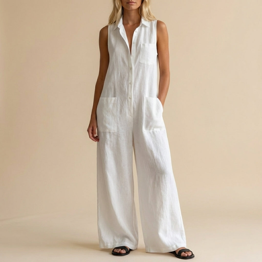 Women's Sleeveless Jumpsuit Wide Leg Button Front - Vonnera