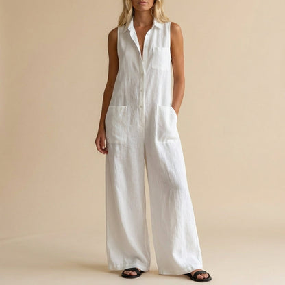 Women's Sleeveless Jumpsuit Wide Leg Button Front - Vonnera