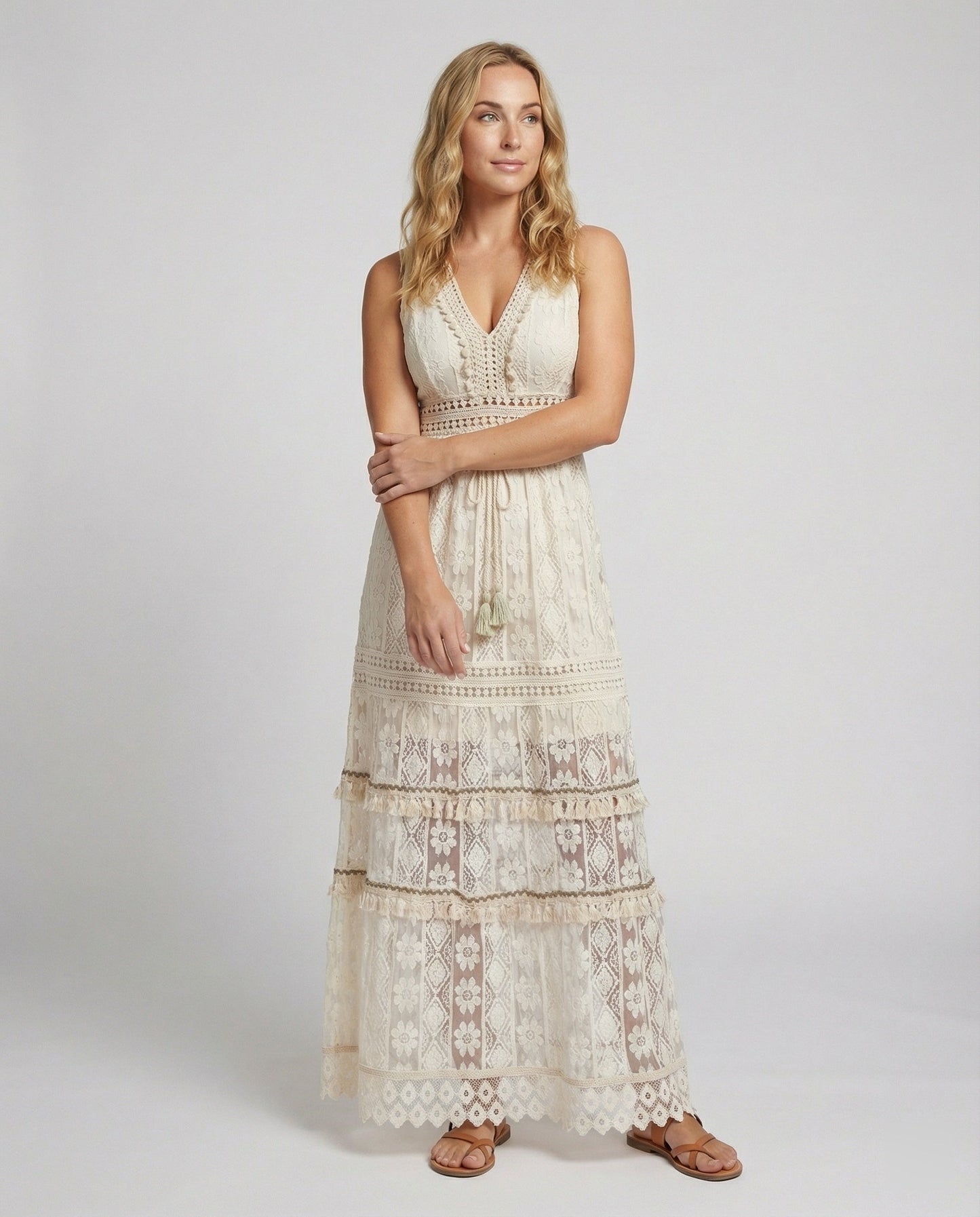 Women's Bohemian Maxi Dress Lace Tiered Tassel Waist - Vonnera