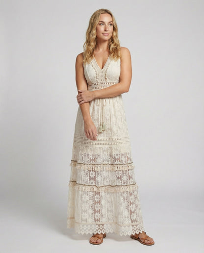 Women's Bohemian Maxi Dress Lace Tiered Tassel Waist - Vonnera