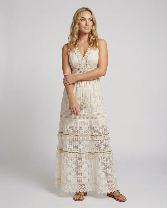 Women's Bohemian Maxi Dress Lace Tiered Tassel Waist - Vonnera