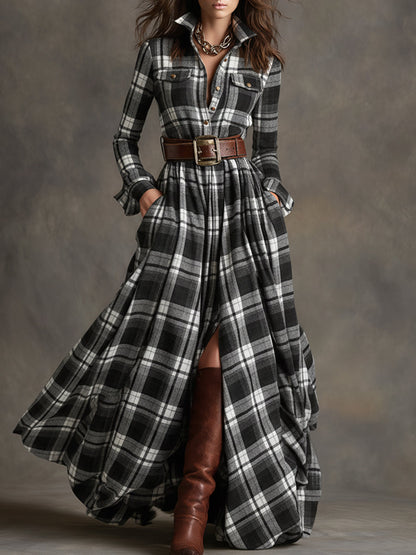 Image of Gabriella | Women's Belted Plaid Maxi Dress
