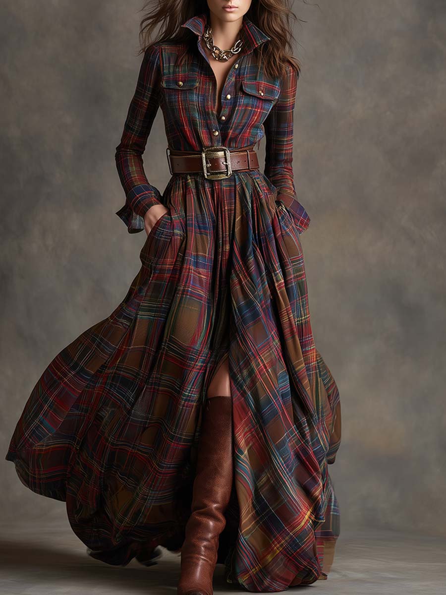 Women's Plaid Maxi Dress Belted - Vonnera