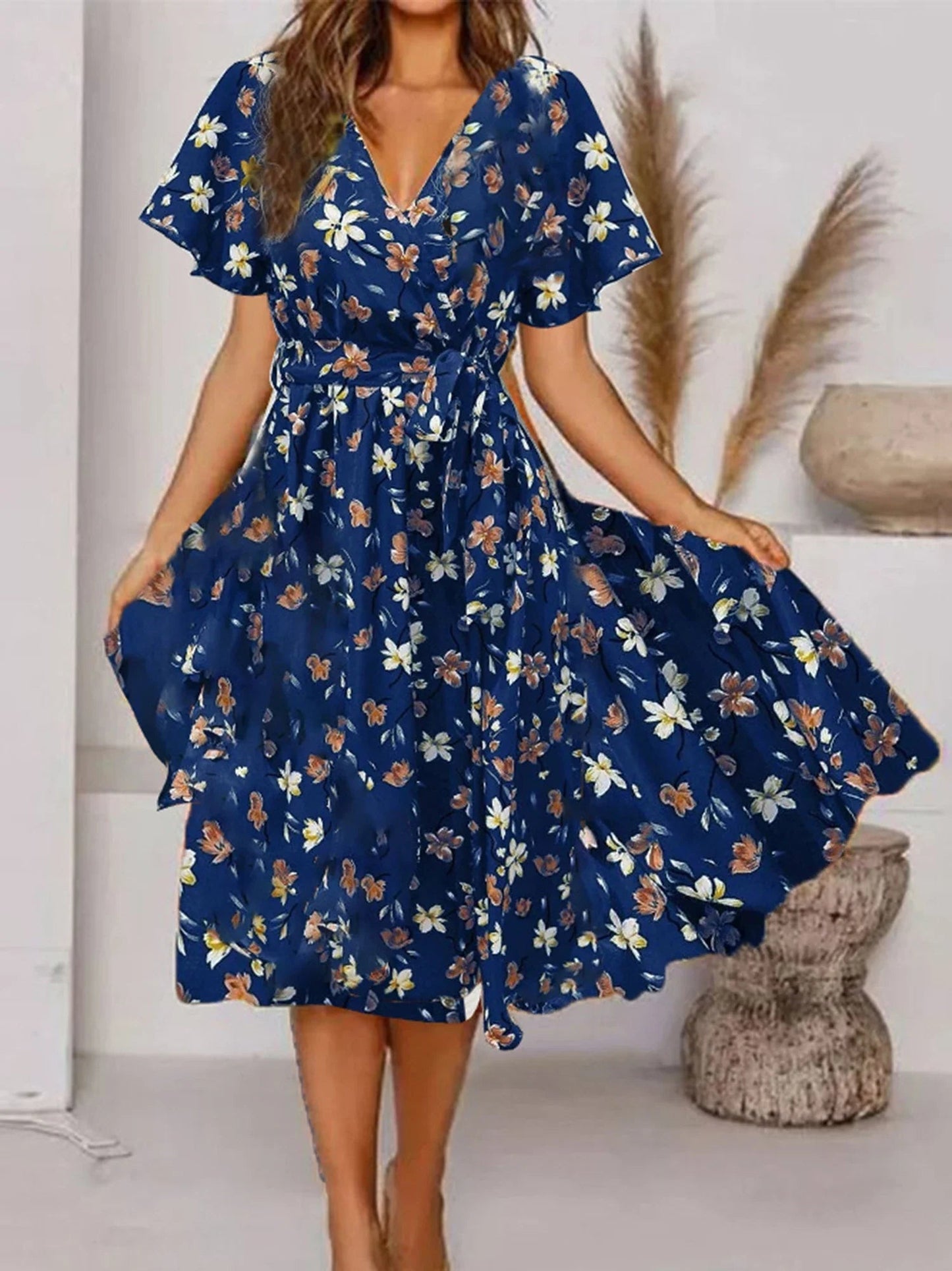 Women's Floral Midi Wrap Dress - Vonnera