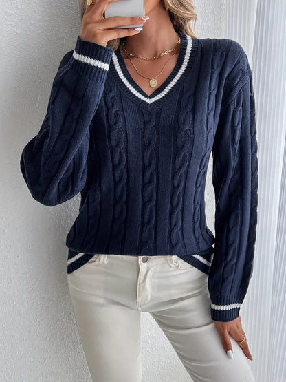 Women's Cable Knit V-Neck Sweater Long Sleeve - Vonnera