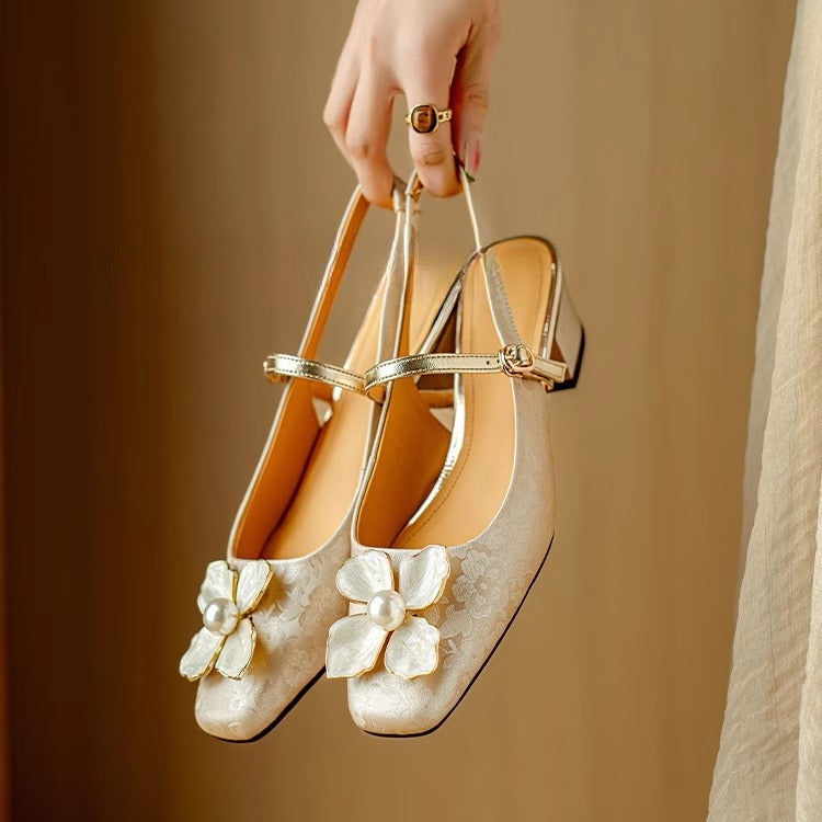 Women's Floral Pumps Block Heel Jacquard Strap