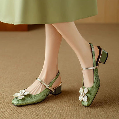 Women's Floral Slingback Pumps Square Toe Block Heel Shoes - Vonnera