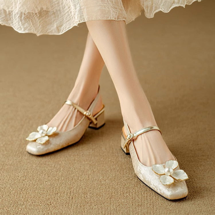 Women's Floral Slingback Pumps Square Toe Block Heel Shoes