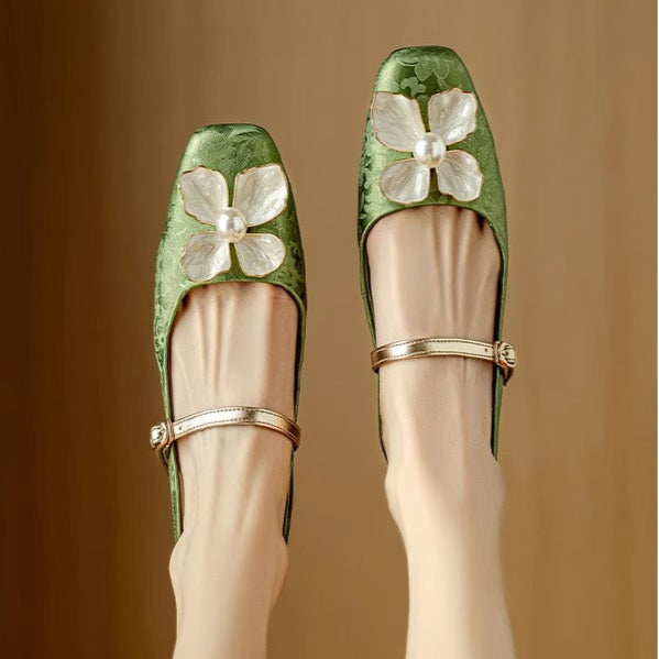 Women's Floral Pumps Block Heel Jacquard Strap
