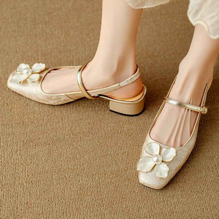 Women's Floral Slingback Pumps Square Toe Block Heel Shoes