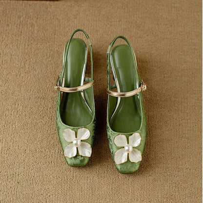 Women's Floral Slingback Pumps Square Toe Block Heel Shoes