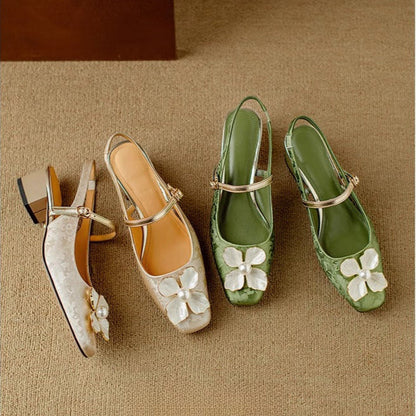 Isabeau | Women's Floral Mary Jane Pumps Block Heel Jacquard Strap