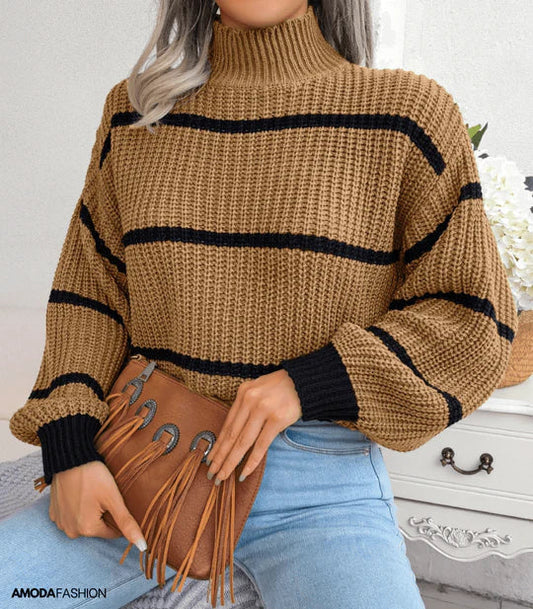Women's Striped Turtleneck Sweater Long-Sleeved Knitted - Vonnera