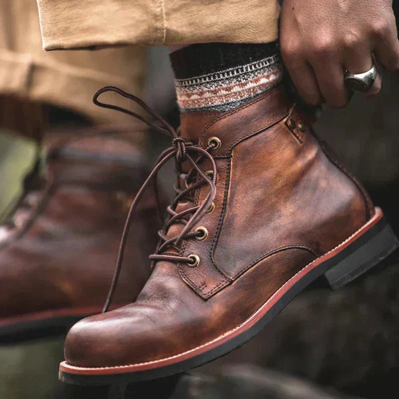 Men's Ankle Boots Lace-Up Leather Rugged Brown