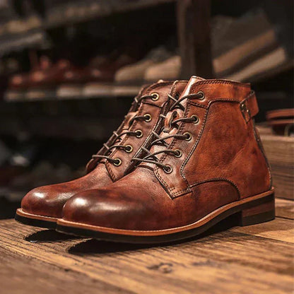 Men's Ankle Boots Lace-Up Leather Rugged Brown - Vonnera