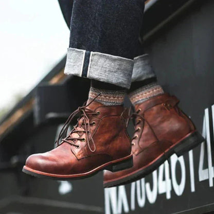 Men's Ankle Boots Lace-Up Leather Rugged Brown