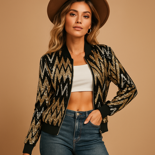 Women’s gold statement jacket with a tailored fit, structured design, collar, and pockets, ideal for parties, semi-formal events, and stylish daily wear.