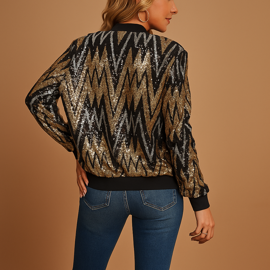 Women’s gold statement jacket with a tailored fit, structured design, collar, and pockets, ideal for parties, semi-formal events, and stylish daily wear.