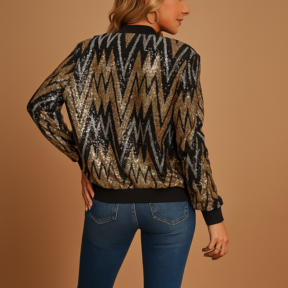 Women’s gold statement jacket with a tailored fit, structured design, collar, and pockets, ideal for parties, semi-formal events, and stylish daily wear.