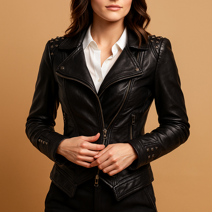 Woman wearing a slim fit gothic jacket with quilted details and silver hardware, styled for everyday wear and edgy city looks.