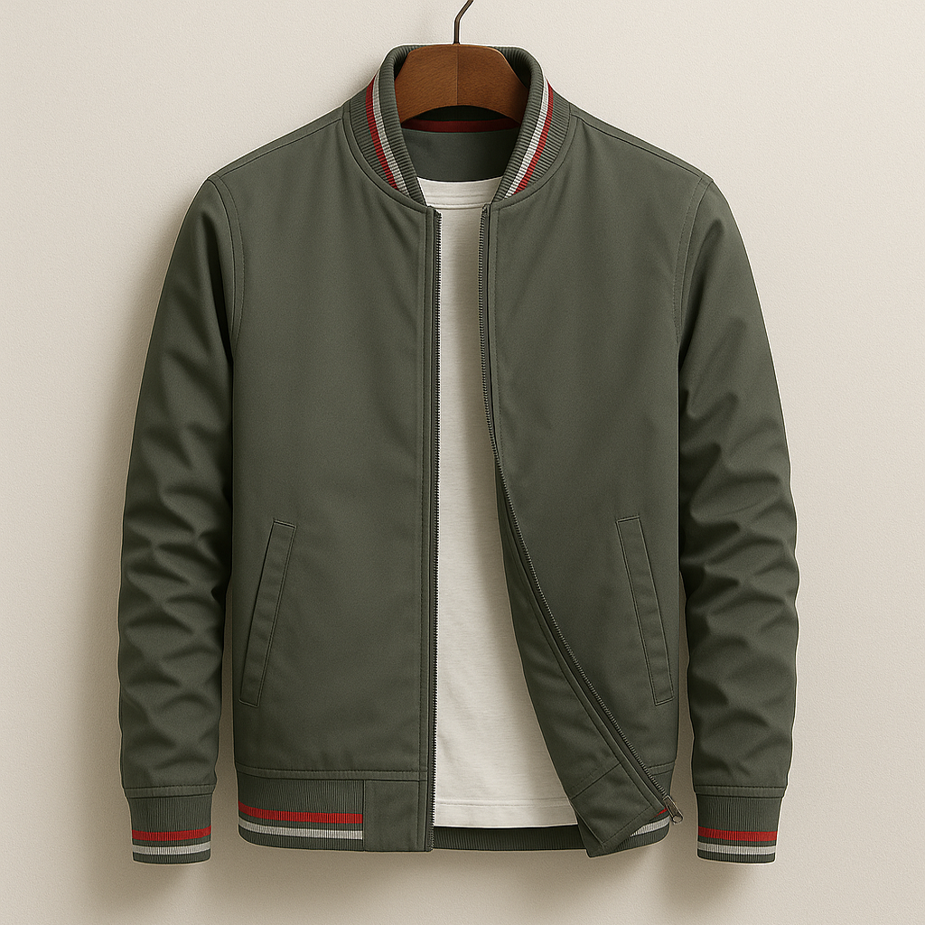 Men's Lightweight Bomber Jacket Ribbed Trim Zip-Up Black