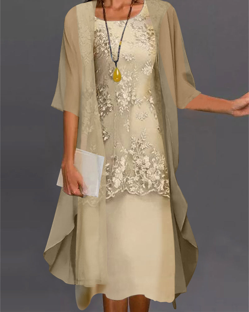 Women's A-Line Midi Dress Set with Cardigan - Vonnera