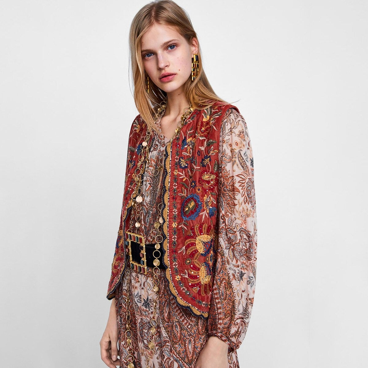 Women's Velvet Waistcoat Floral Boho Design