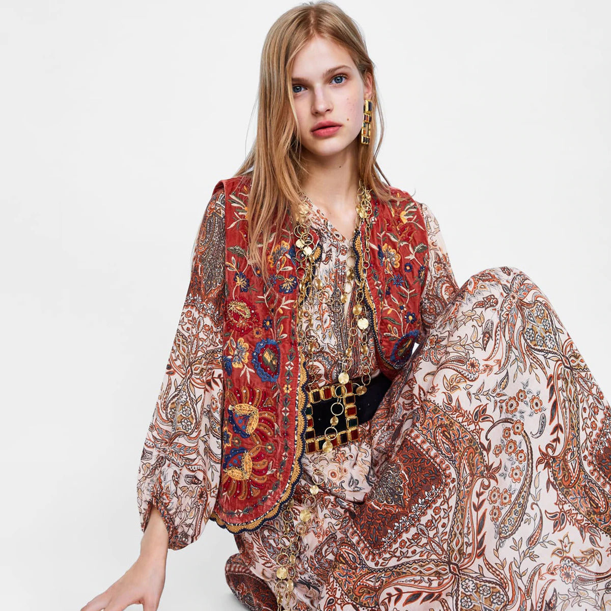 Women's Velvet Waistcoat Floral Boho Design - Vonnera