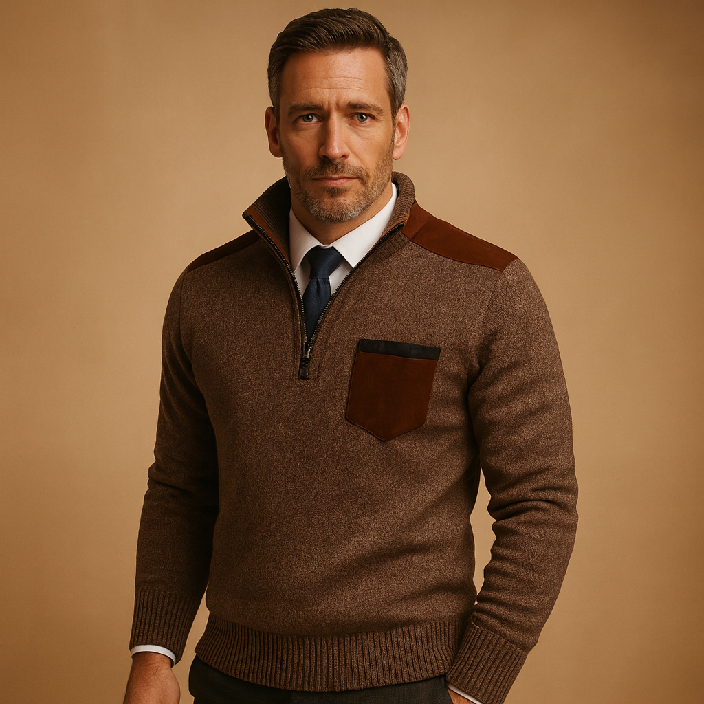 Men’s half-zip sweater with adjustable stand collar and chest pocket, designed for warmth and versatile everyday wear.