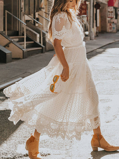 Image of Hazel | Women's V-Neck Lace A-Line Midi Dress