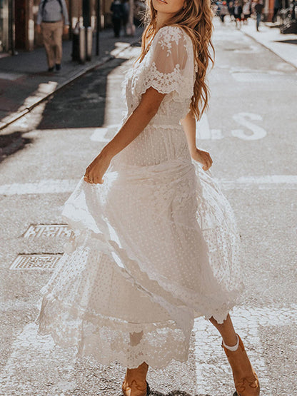 Image of Hazel | Women's V-Neck Lace A-Line Midi Dress