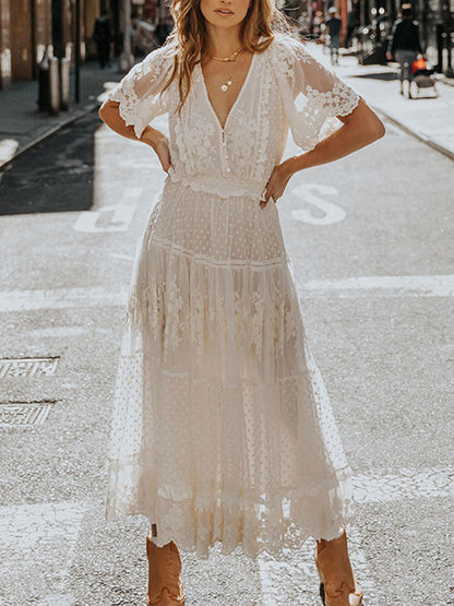 Image of Hazel | Women's V-Neck Lace A-Line Midi Dress