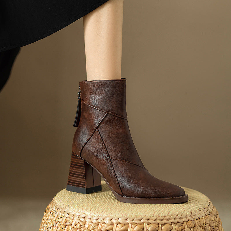 Women's Block Heel Ankle Boots Square Toe - VibreMode