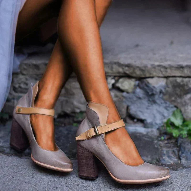 Women's Block Heel Mary Jane Shoes Buckle Strap