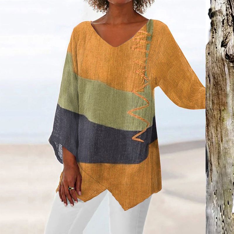 Women's V-Neck Colorblock Asymmetrical Hem