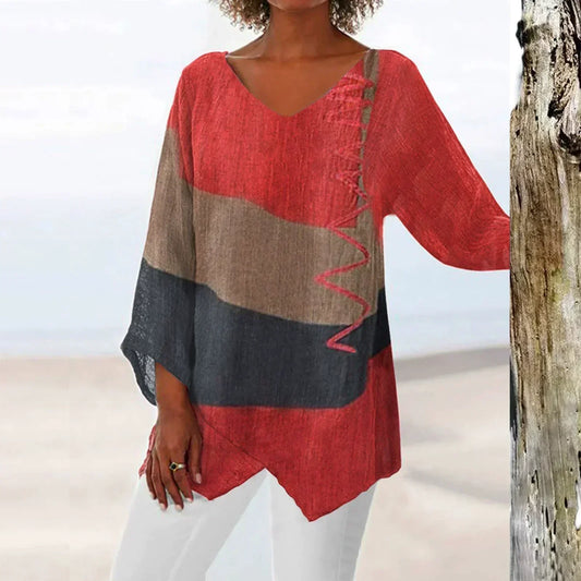 Women's V-Neck Colorblock Asymmetrical Hem - Vonnera