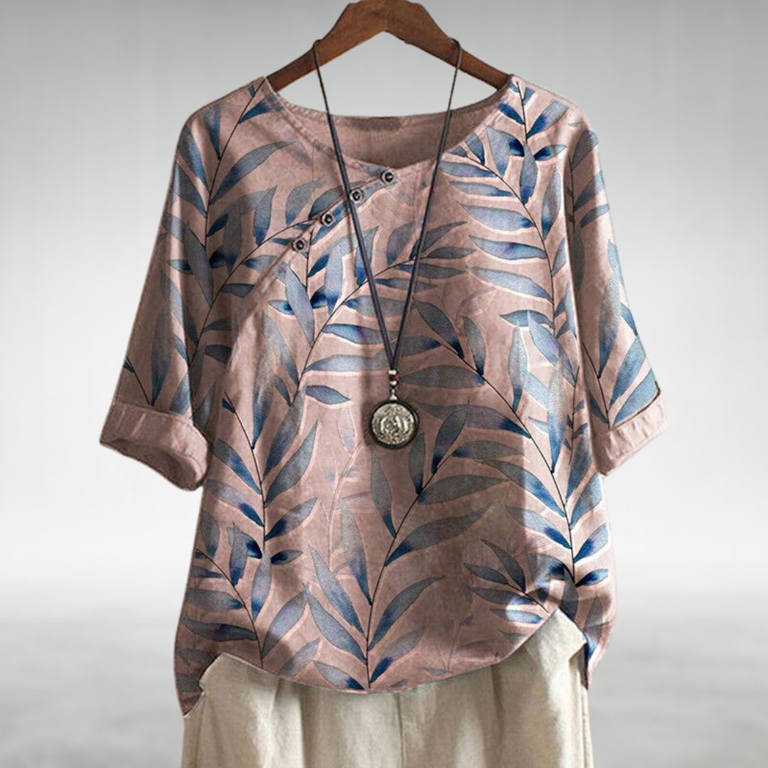 Women's Leaf Print Blouse Button Detail