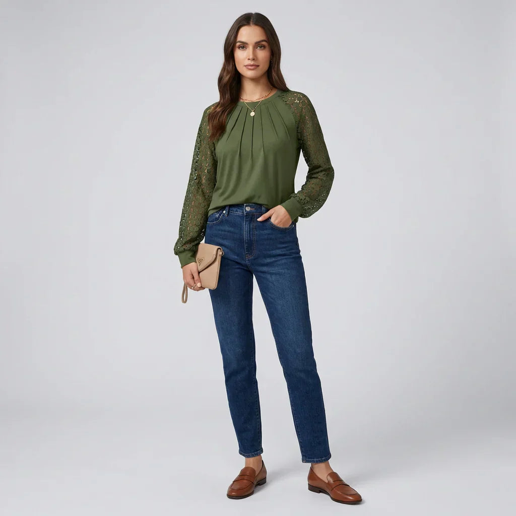 Women's Pleated Lace Long Sleeve Shirt - Vonnera
