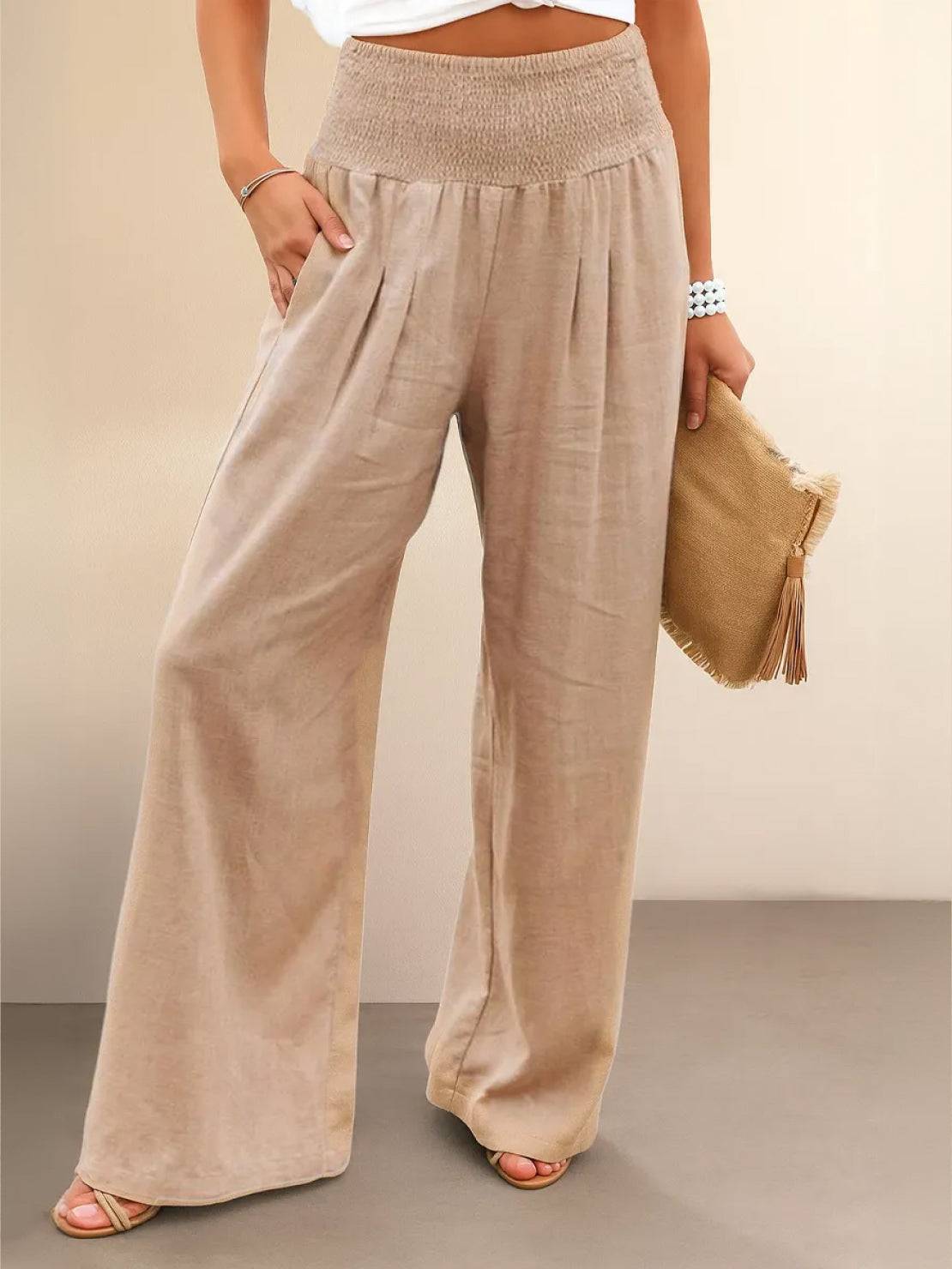 Women's High Waist Wide Leg Pants Smocked Waistband - Vonnera