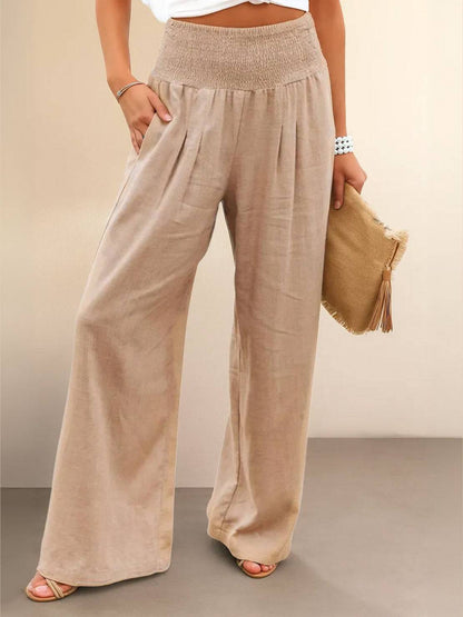 Women's High Waist Wide Leg Pants Smocked Waistband - Vonnera