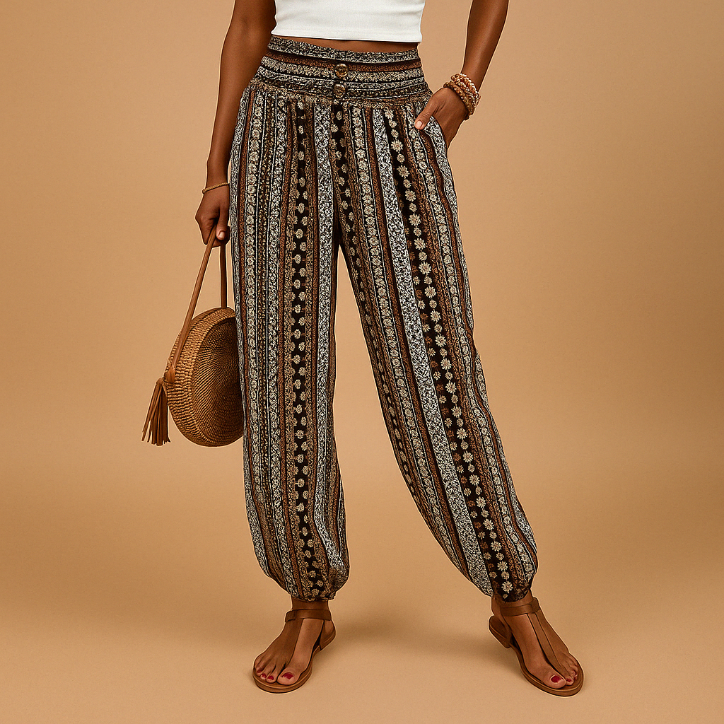 Women’s high waist loose boho trousers with a flowing silhouette, perfect for summer outfits, casual looks, and relaxed boho inspired style.