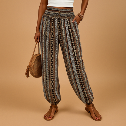 Women’s high waist loose boho trousers with a flowing silhouette, perfect for summer outfits, casual looks, and relaxed boho inspired style.