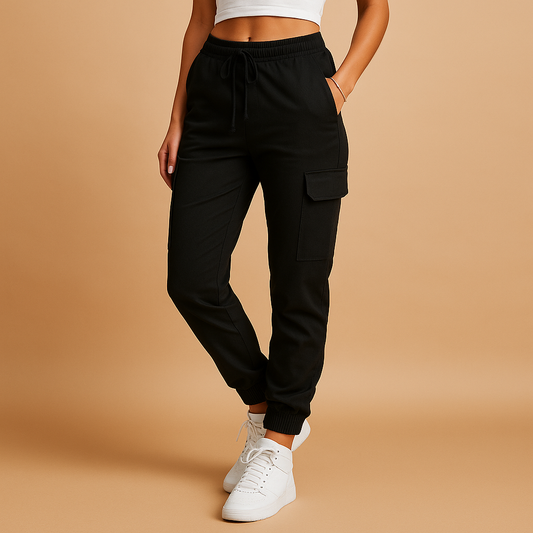 Women’s high waist slim fit cargo trousers with functional pockets and modern silhouette, perfect for casual outfits and stylish everyday wear.