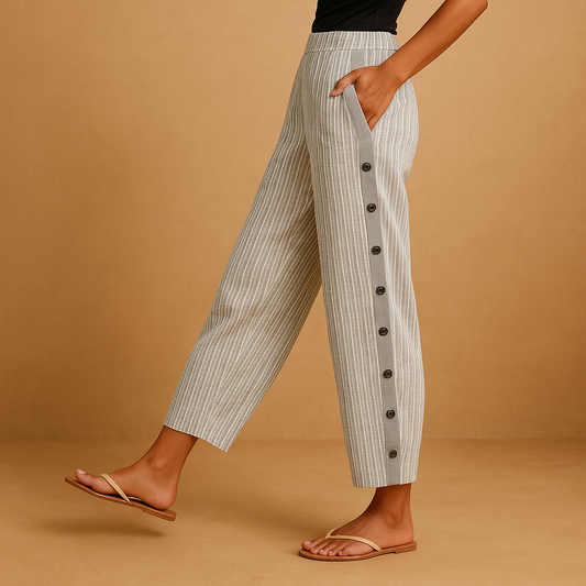High waist striped trousers for women with vertical stripes and elegant silhouette, perfect for office wear, dinners, and stylish everyday outfits.