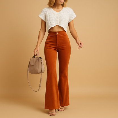High-waisted flared corduroy trousers for women with a flattering retro silhouette, ideal for casual outfits and elegant everyday styling.