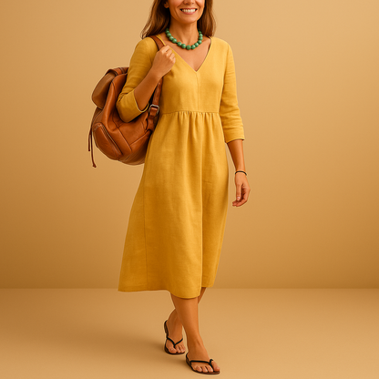 High waisted midi dress for women with elegant V-neck and half sleeves, perfect for formal events, office wear, and casual occasions.
