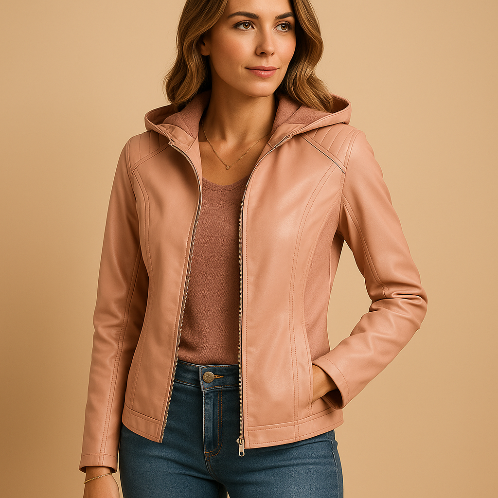 Woman wearing a hooded jacket for women with a regular fit, removable hood, and gold tone details, styled for casual and smart casual looks.